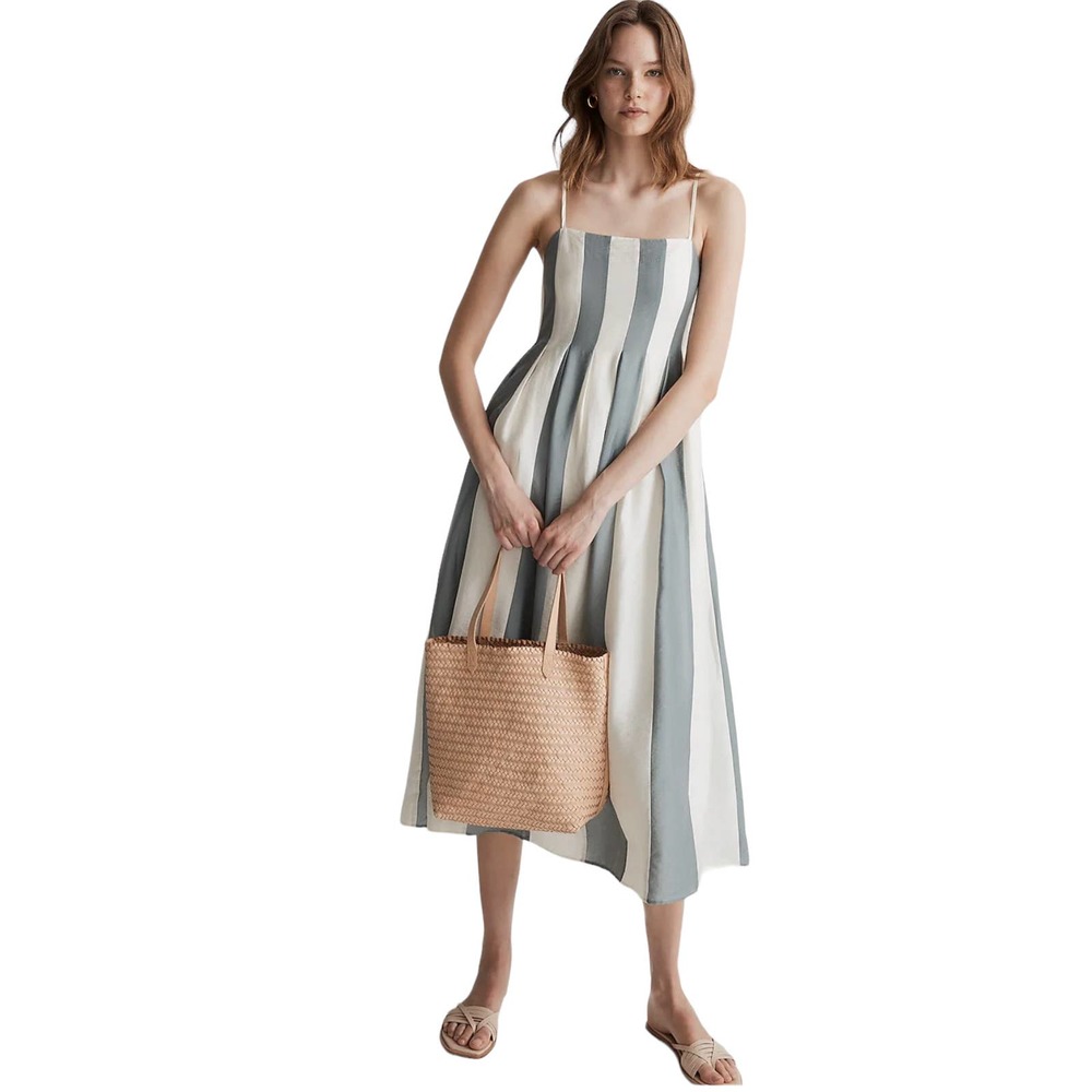 Madewell Spaghetti Strap Muted Blue and White Striped Pleated Midi Dress Size 6